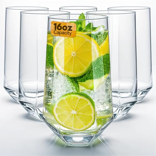 WARMEST SPIRIT Crystal Beverage Glasses- Set of 6- Hexagon Design – 16oz Beer Tumbler & Highball Glass | Modern Tall Drinking Glass for Beer, Cocktails, Iced Tea, Cold Drinks & Everyday Use