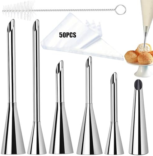6 Pcs Douille de Pâtisserie Petit Choux Avec brosse de nettoyage et 50 poches à douille, Douilles en Acier Inoxydable à Garnir, Cupcake Puffs Injection Seringue (6)
