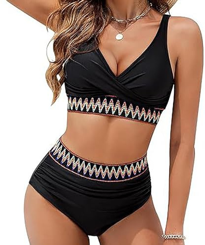 Elsa Keith Bikini Damen Set Sexy Badeanzug Hohe Taille Zweiteiliger Kordelzug Farbblock Bademode Sommer V Ausschnitt Bikinis für Frauen Elegant Baumwolle Badeanzüge Überkreuztes Bandeau Swimsuit