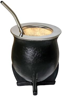 Tasse mate argentine fabriquée en citrouille naturelle - Mat de citrouille avec extérieur en cuir noir et bord lisse en acier inoxydable - Ampoule incluse
