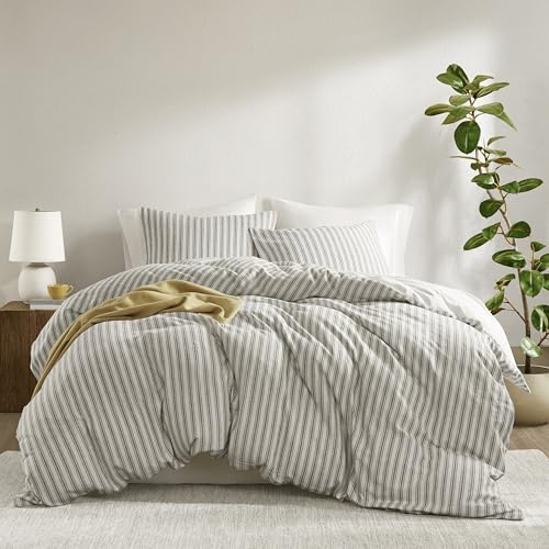 Madison Park Duvet Cover Set for Hot Sleepers - Linen Cotton Rayon Blend, King Size 3 Piece Set with Shams - Lightweight & Breathable Bedding, Grey Striped Design
