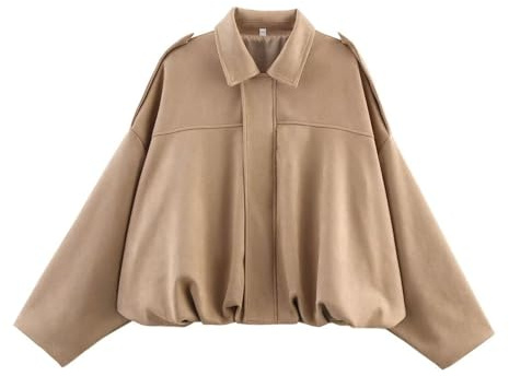 Xunger Women's Faux Suede Bomber Jacket Spring Lapel Pilot Coat Casual Oversized Long Sleeves Trendy Streetwear Outerwear(1026-Khaki-M-RD)