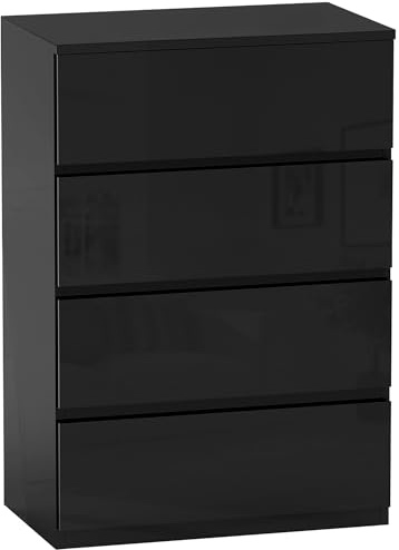 HOMCOM Cómoda con 4 Cajones Cómoda de Dormitorio Moderna con Diseño Anti-vuelco Cajonera para Salón Pasillo 55x34x80 cm Negro Brillo