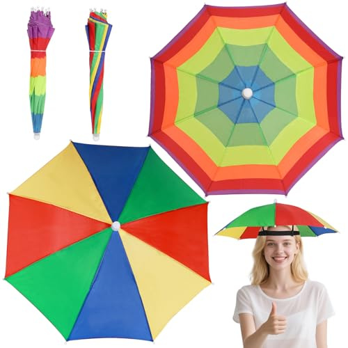 DIELIANHUA 2 PCS Cappello Ombrello, Ombrello da Testa Pieghevole per Adulti e Bambini, Ombrello Cappello con Fascia Elastica, Cappello per Ombrellone Arcobaleno per Festival Spiaggia Campeggio Pesca