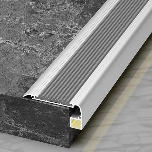 FQMYLTYN Stair Nosing with Led Channel, Anti Slip Stair Edging Trim with Rubber Strips, Aluminum Step Edge Protector Treads for Concrete Tiles Wood Metal Step, Width 6x2.4cm(Gray,150cm/59in)