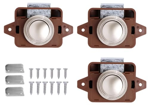 Anlising 3 Piezas Cerradura Puerta Boton, Botón de Cierre para Cajones, Botón Pulsador Gabinete, Push Lock, Cerradura de Pestillo con Botón Pulsador, para Autocaravana, Armario, Puerta (Marrón)