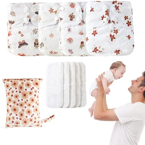 Wiederverwendbare Windeln für Babys, wiederverwendbare Stoffwindeln, verstellbar, 4 x saugfähige und atmungsaktive Einlagen, wasserdichte Decke mit 4 Einsätzen und 1 Nassbeutel für Mädchen