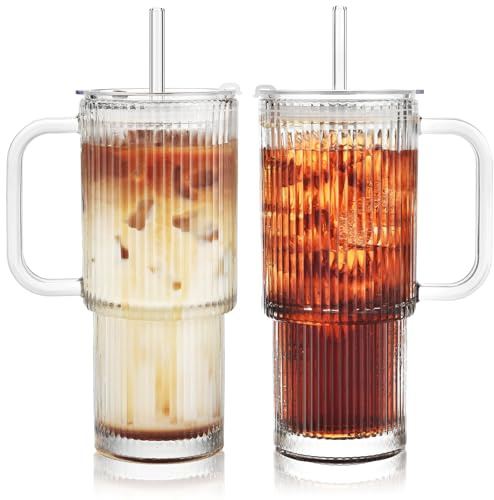 ALINK 2 Pack 26 oz Ribbed Glass Tumbler with Handle Lid and Straw,Glassware Set Ripple Large Iced Coffee Cups, Aesthetic Glass Travel Tumbler for Hot & Cold Beverages, Smoothies, Tea and Juice