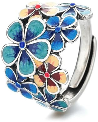fycouyee Blue enamel flower ring women's vintage ethnic opening adjustable creative