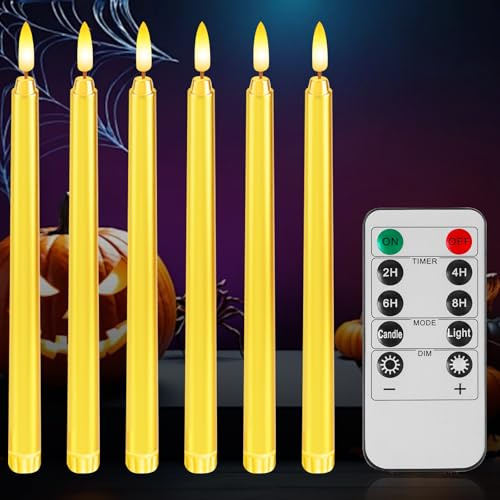 6 Stück LED Kerzen, 28cm LED Kerzen mit Fernbedienung, LED Stabkerzen mit Timerfunktion, Batteriebetriebene mit 3D Flackernde Flamme, Elektrische Kerzen für Party, Halloween, Weihnachten Decor, Gold