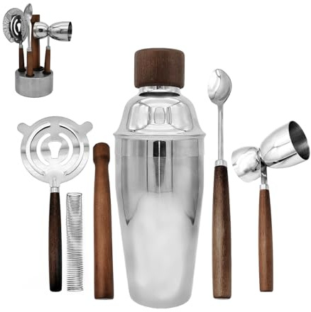WELESHEI 6 PCS Bar Tool Set Rostfritt st氓l Cocktail Shaker Kit med Muddler, Dubbel Jigger, Blandningssked, Sil & Matt Round Stand Bartender Essentials Barware F枚r Hem Bar Party & Celebration