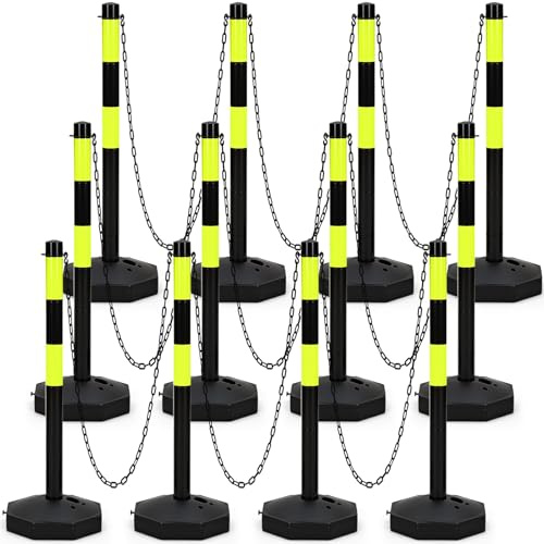 Geiserailie 12 Pack 34 Inches Traffic Delineator Posts with Green Reflective Stripes and 5ft Chain Safety Barrier Posts Cones Portable Parking Pole Traffic Cone Barrier for Parking Lot Construction