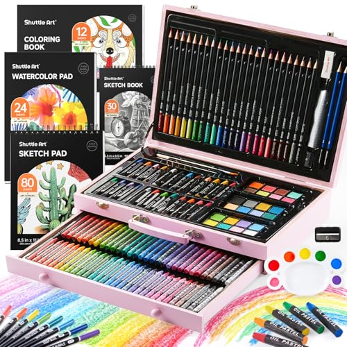 Shuttle Art 149 teiliges Malset, rosa Deluxe Malkoffer mit Buntstift, Ölpastellkreide, Aquarellfarben, Wachsmalstifte, Malbuch, Aquarellblock, Holzkoffer, Künstlerkoffer, Malset für Kinder, Erwachsene