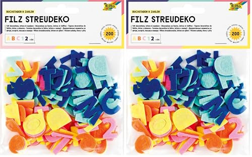 folia 5254 - Filz Streudeko Buchstaben & Zahlen, 200 Buchstaben und Zahlen in 5 Farben, Dekoration für den Schulanfang (Packung mit 2)
