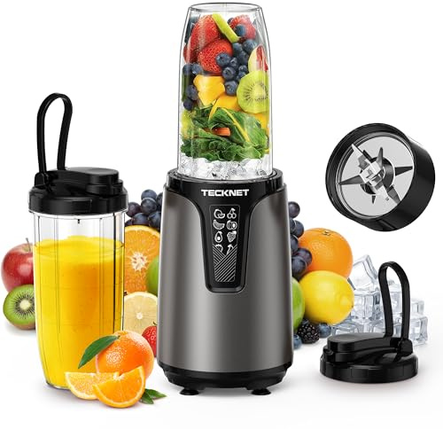 TECKNET Smoothie Maker, 1000W Standmixer mit 2 BPA-freien 600ml Bechern und 2 Deckeln mit Griffen, Vierklingiges Messer, leicht zu reinigen, für Smoothie, Shake