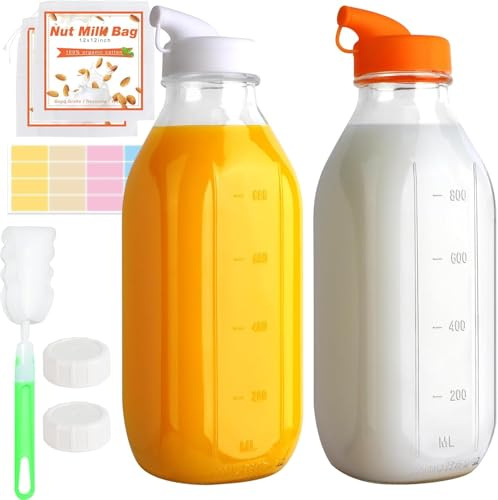 RusseryPek Bottiglie per latte in vetro da 1 litro, confezione da 2 brocche graduate con 2 sacchetti per latte di noci, coperchio ermetico a vite e tappo in silicone e adesivi, brocca riutilizzabile