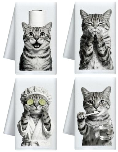 CUTHOLLOW 4er-Set Geschirrtücher mit Gewaschene Katze Motiv - Weich & Saugfähig - Deko Trockentuch Microfaser für Küche, Tee, Kaffee, Bar, Zuhause, Einweihung, Geburtstag