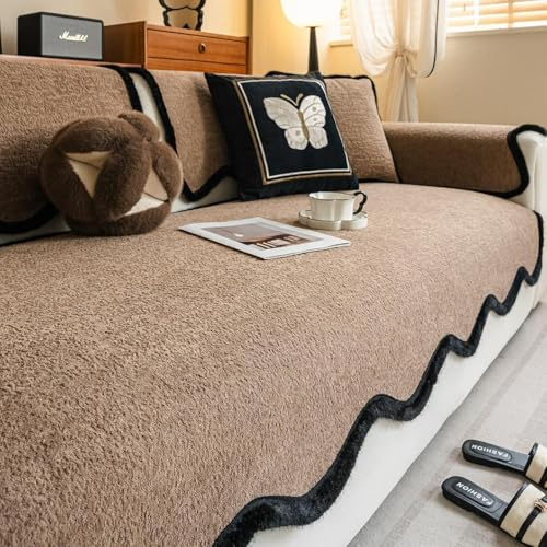 Uguli Chenille Sofa Cover, Fleece Non-Slip Couch Covers with Wavy Edge Design, Cosy Sofa Slipcovers, Washable Couch Cushion Cover, Furniture Protector for Kids and Pets Coffee 70x150cm