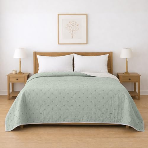 BESCH Colcha Boutis para Primavera y Verano Reversible Color Verde y Gris Claro Muy Fina Ligera 240 x 250 cm - Colcha Ligera Fina Entretiempo para Cama 135-150