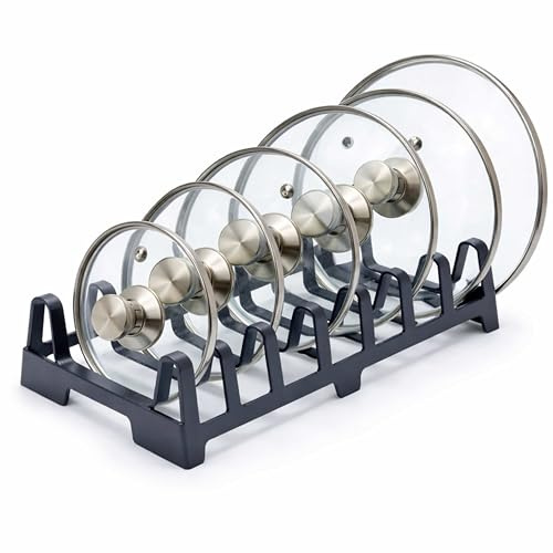 DIVCHI Pot Lid Holder Kitchen Organiser – 7 Slot Pan Lid Rack Lids, Plates & Chopping Boards, Compact Cupboard Storage Organiser (Grey)