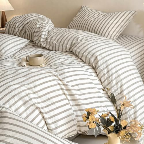 AShanlan Bettwäsche 135x200 Baumwolle Grau Weiß Gestreift Bettwäsche-Sets | Bettbezug 135x200 mit Kissenbezug 80x80 cm, ÖKO-TEX Leinenoptik Gewaschene Baumwolle Bettwäsche mit Reißverschluss