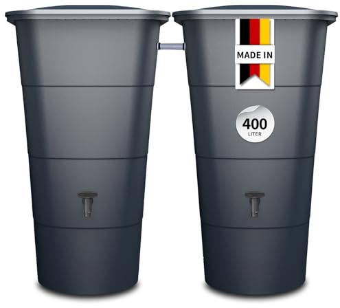 GARANTIA Ibiza Regentonnen-Set eckig 400 Liter Graphite Grey, 2 x Ibiza | 200 Liter inkl. Verbinder als graues Wasserfass für nachhaltige Gartenbewässerung mit Deckel, Hahn und Matter Oberfläche