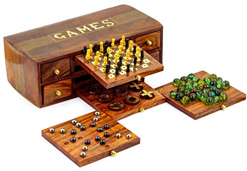Nagina International 4 in 1 Multi Games Holzkiste | Tic Tac | Schach | Murmeln | Domino | Stahlkugeln Platte