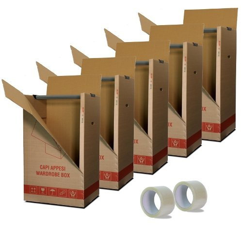 Kit de 5 cajas de cartón porta vestidos para colgar - Dimensiones: 50 x 60 x 111 (altura) cm con perchero + 2 cintas adhesivas--
