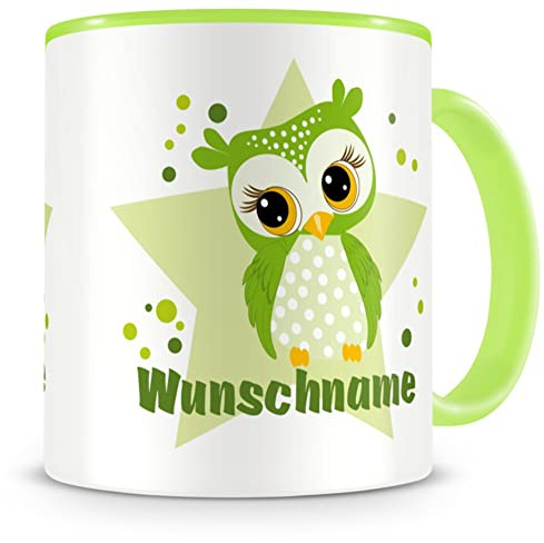Samunshi® Kindertasse mit Namen Tasse Grüne Eule Personalisierte Tasse mit Namen Kinder Kinderbecher personalisierter Text Namenstasse Kindergarten grün 300ml
