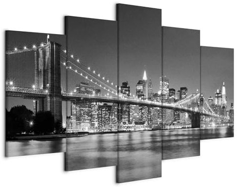 murando - Wandbilder XXL New York City 225x112 cm 5 tlg Wand Deko Leinwand Bilder Groß Wanddeko Wohnzimmer Bild Schlafzimmer Kunstdrucke - Skyline Brooklyn Bridge Stadt Nacht Manhattan Grau 030211-51