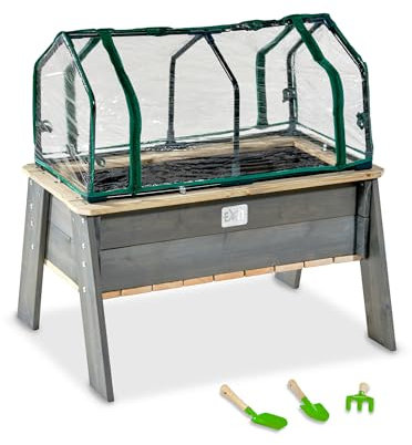 EXIT Toys Aksent Table de Plantation en Bois L avec Serre et Outils de Jardinage - pour Enfants - avec Tapis de Racines - Jardin Potager sur Pieds pour Extérieur - 70% FSC Bois de Pin - 94x68x50cm