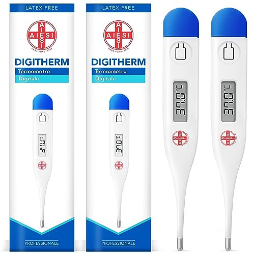 AIESI® Termometro Digitale professionale per febbre in adulti e bambini DIGITHERM (Confezione da 2 pezzi), Risultato in 1 MINUTO, Garanzia Italia 24 mesi