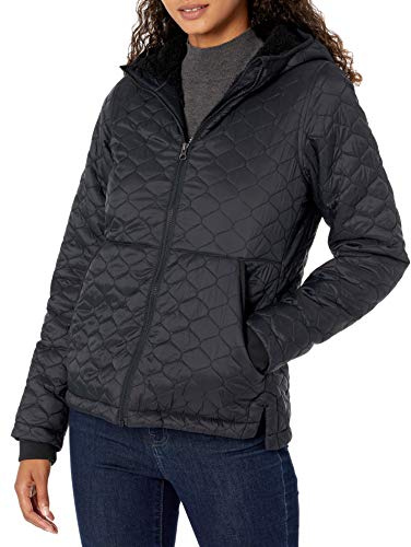 Amazon Essentials Damen-Kapuzenpuffer mit Sherpa-Futter, leicht, wasserabweisend, Schwarz, Größe S