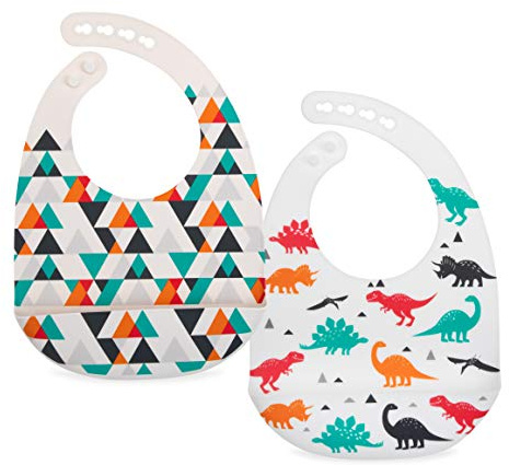 Nuby 2 Pack Adjustable Easy Clean Soft Silicone Bibs with Scoop, Triangles & Dinosaurs