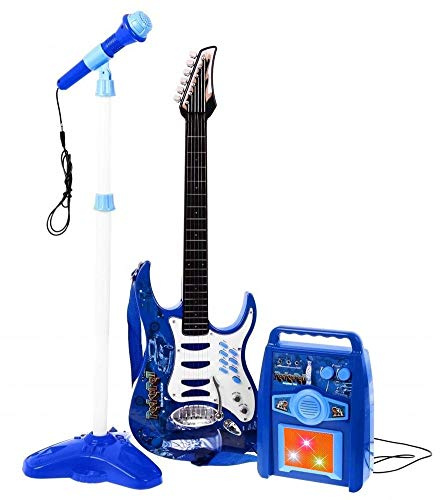 Bakaji Chitarra Elettrica con Microfono Karaoke e Cassa Amplificatore AUX MP3 Giocattolo Bambini con Luci Effetti Sonori Musicali Musica Demo Tracolla e Asta Regolabile (Blu)