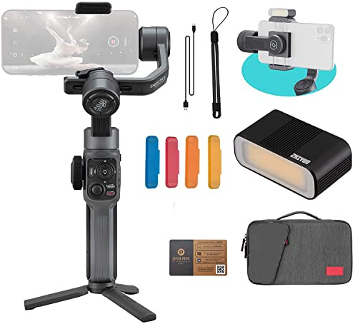 Zhiyun Smooth 5 Stabilizzatore cardanico combinato per iPhone 13 Pro Max Borsa da trasporto e luce LED e treppiede Stabilizzatore cardanico palmare professionale a 3 assi