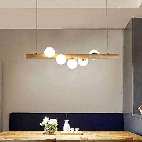 LED Kronleuchter Pendelleuchte Eiche Holz Rechteck Esszimmer Esstisch Küchen Wohnzimmer Hängelampe Modern 5-flammig Rund Weiß Glas Schirm Deckenleuchte Höhenverstellbar Design Lampe L80cm Weißes Licht