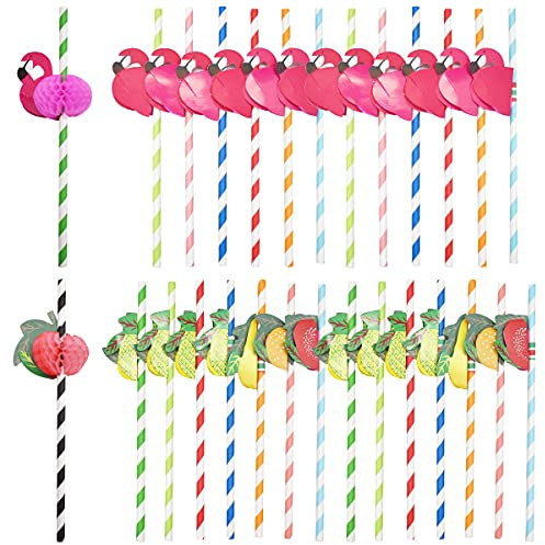 Pajitas de Papel,RoadLoo 100 Piezas Pajitas Para Beber 3D Flamingo Papel de Fruta Paja Piña Pajitas de Cóctel Pajitas para Cóctel Bebidas Tropicales Playa Cumpleaños Celebración de Bodas Fiesta