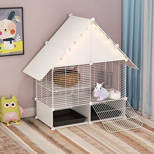 DuvinDD 2-stöckiger kleiner Kaninchenkäfig Indoor Hasenstall mit 2 tiefen ausziehbaren Schalen und Urinschutz, Meerschweinchenkäfig Metalldrahtnetz Villa, Kleintierhaus für Frettchen, Chinchilla, Igel