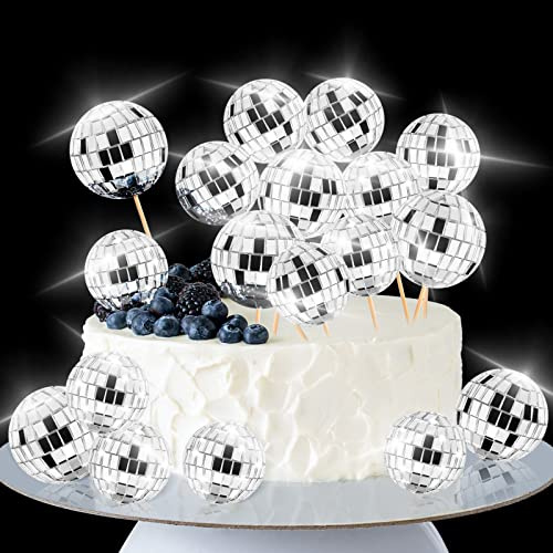 Disco Ball Cake Toppers, 20pcs 1970s Disco Ball Cake Decorations Cupcake Toppers Cake Picks for Birthday Disco Theme 70s Party Supplies