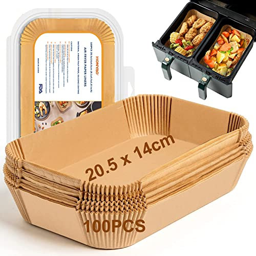 HONYAO Fogli Carta Forno Rettangolare per Friggitrice ad Aria Doppio Cestello, 100 Pezzi 20,5x14cm Teglia Air Fryer Accessori Compatibile con Ninja Dual Zone Double Stack e Altri Doppio Zona Airfryer