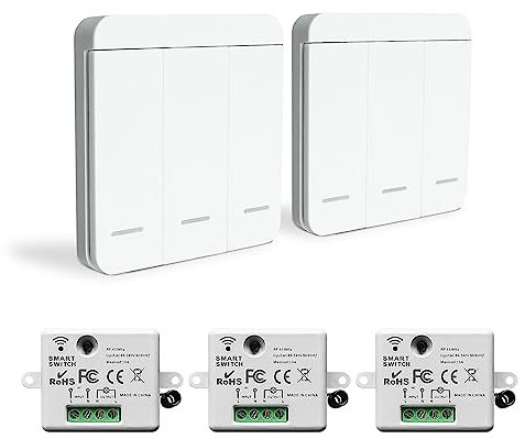 Wireless Light Switch Wireless Light Switch Kit 86 Wall Panel RF Safety Switch and 10 Amp Relay receiver controller, No Wiring Easy Install, for Lights up to 1500W（3 Receiver and 2 Switch）