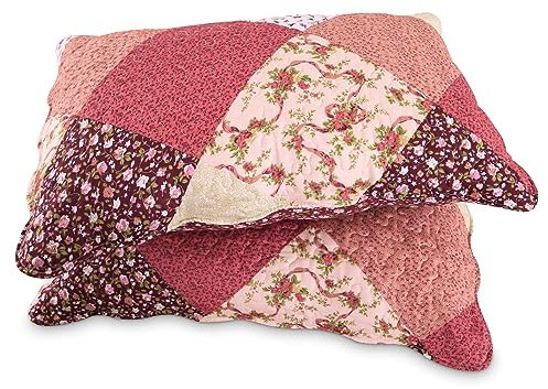 Qucover Lot de 2 Taies d'oreiller 50x75cm, Housse de Coussin 50x75cm Patchwork en Coton et Polyester Brossé Super Doux et Confortable, Taie d'oreiller Rose Beige et Rouge Floral Grande Décoration