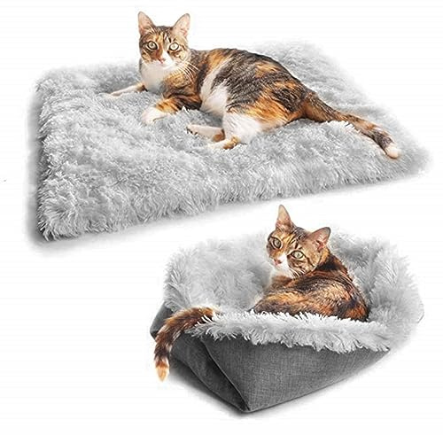 CalmGeek Cat Beds for Indoor Cats, Washable Cat Beds, 2 in 1 Pet Bed Warming Comfortable Blanket Cat Cushion for Small Dogs and Cats (Gray)