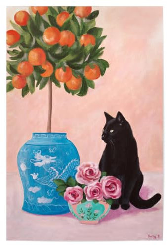 artboxONE Poster 60x40 cm Floral Schwarze Katze und Orangenbaum - Bild orangenbaum katzenkunst naive kunst