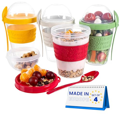 spar-home® 4er Set Joghurtbecher To Go 600ml –Müslibecher To Go mit Löffel Müsli To Go Becher mit Deckel für Joghurt Müsli Essen im Unterwegs Büro Schule (4er Set)