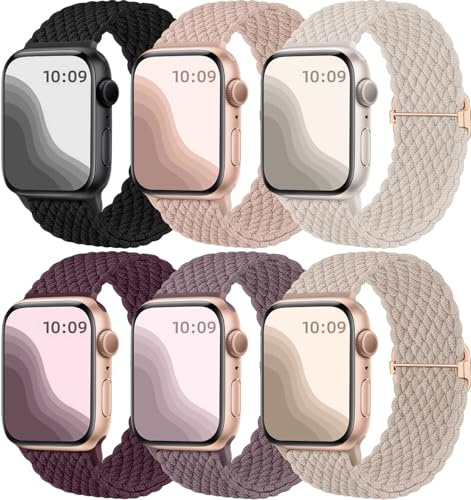 Maledan 6-pack flätat klockarmband som är kompatibelt med Apple Watch-remmar 40 mm, 38 mm, 41 mm, 42 mm, för kvinnor, män, justerbar nylon, stretchigt, elastiskt sportband för iWatch SE, Series 10, 9,
