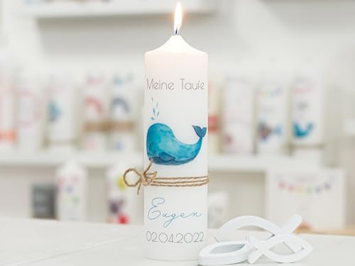 meinkerzenshop Taufkerze mit Designdruck WAL personalisiert mit Name und Datum, individuell für Junge und Mädchen