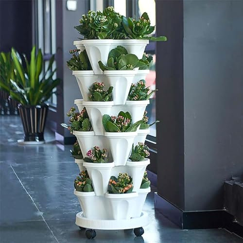 MAYFABD Pflanzturm mit Stapelbaren Pflanzgefäßen 6 Stöckiger Vertikaler Garten für Gemüse Erdbeeren Kräuter und Blumen Geeignet für Innen und Draußen Übertopf Platzsparend,A,Threepetals