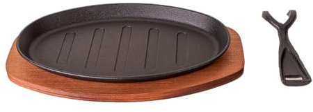 Cast Iron Steak Plate Sizzle Griddle With Wooden Base Steak Pan Fajita Grill Plate (Oval 10 inch)